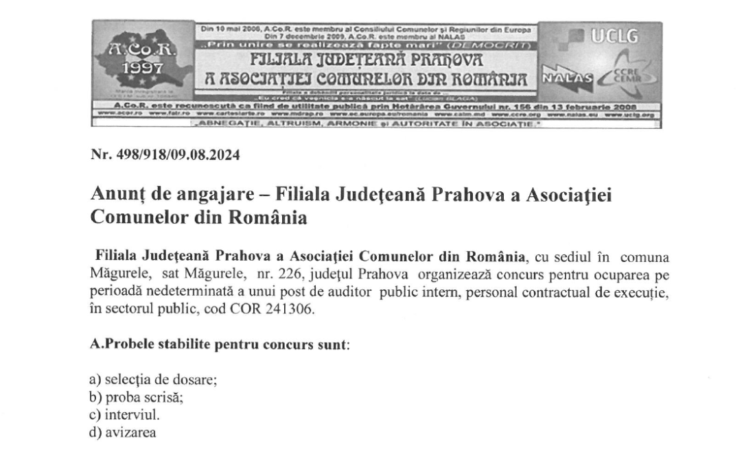 Anunț concurs de angajare – Auditor public intern în sectorul public
